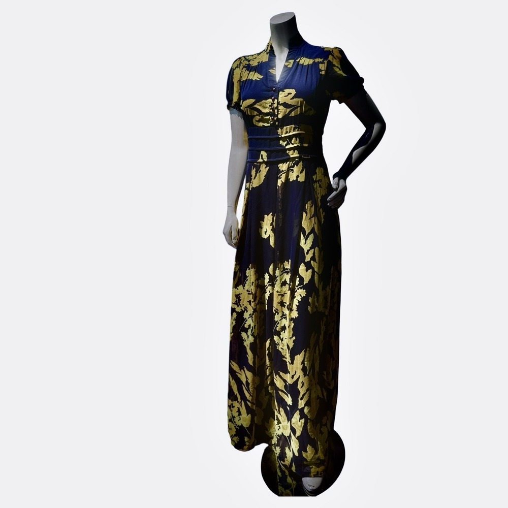 Marchesa Notte Maxi Dress 4 Navy Blue Yellow Flutter Bohemian Luxe Wedding Guest - Picture 1 of 16